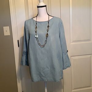 J-Jill Denim 3/4 Sleeve Blouse Large Chambray Blue